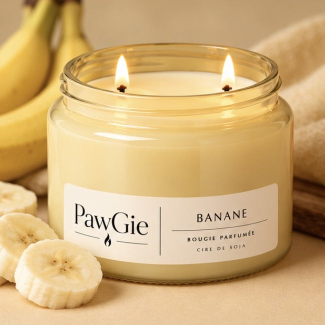 Bougie parfumée Banane PawGie, étiquette crème, deux mèches allumées