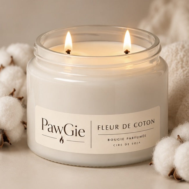 Bougie parfumée Fleur de Coton PawGie, étiquette crème, deux mèches allumées