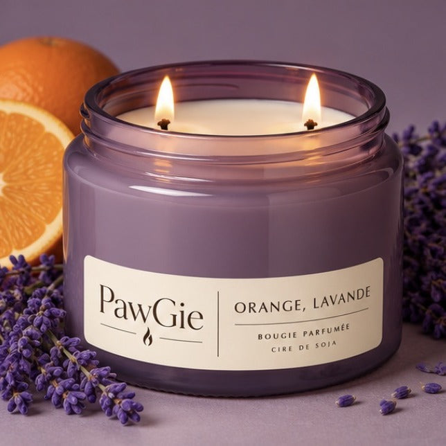 Bougie parfumée Orange & Lavande PawGie, étiquette crème, deux mèches allumées