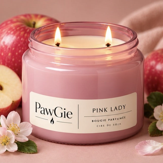 Bougie parfumée Pink Lady PawGie, étiquette crème, deux mèches allumées