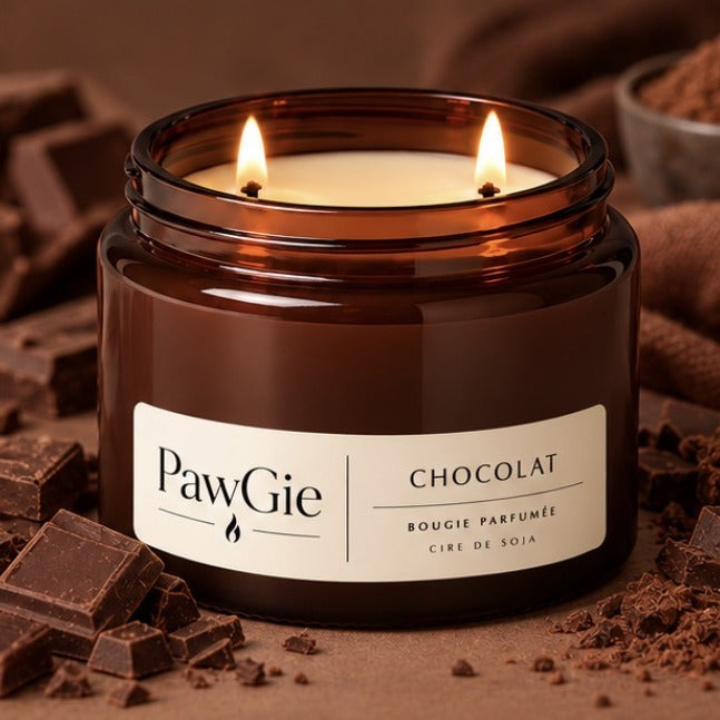 Bougie parfumée Chocolat PawGie, étiquette crème, deux mèches allumées
