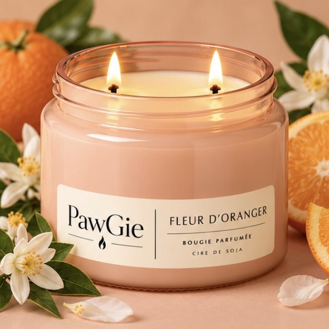Bougie parfumée Fleur d'Oranger PawGie, étiquette crème, deux mèches allumées