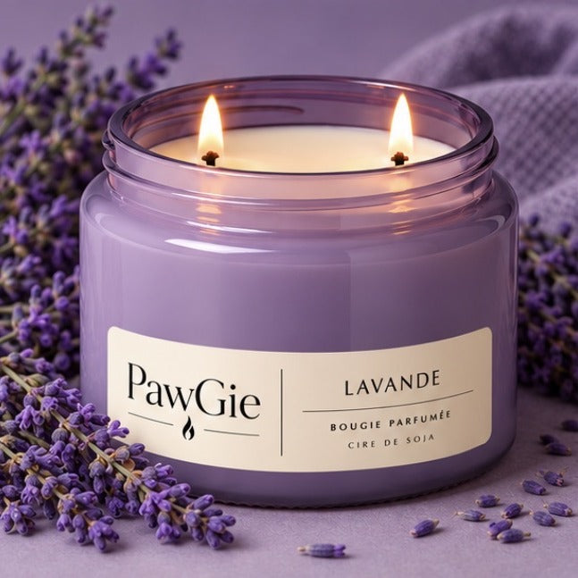 Bougie parfumée Lavande PawGie, étiquette crème, deux mèches allumées