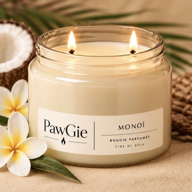 Bougie parfumée Monoï PawGie, étiquette crème, deux mèches allumées