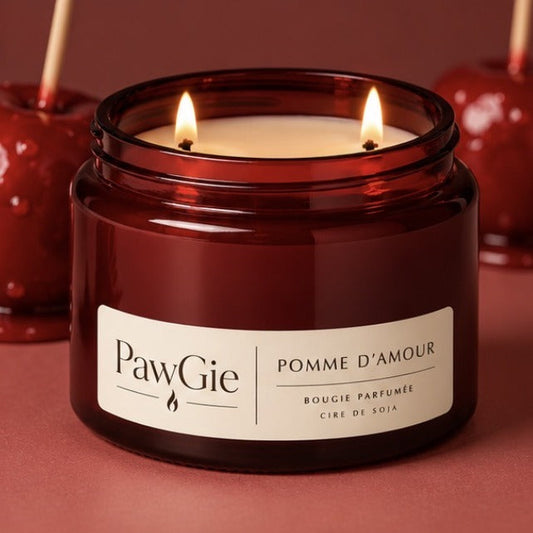 Bougie parfumée Pomme d'Amour PawGie, étiquette crème, deux mèches allumées
