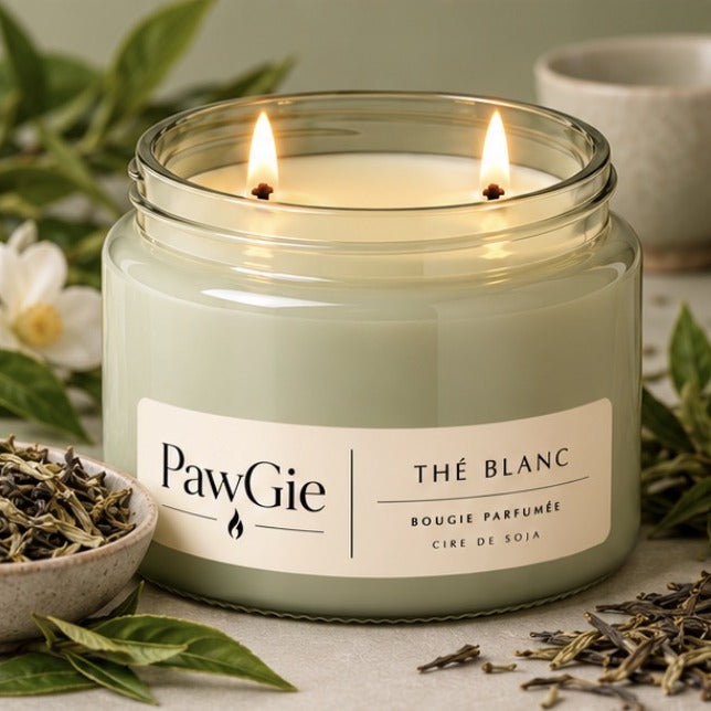 Bougie parfumée Thé Blanc PawGie, étiquette crème, deux mèches allumées